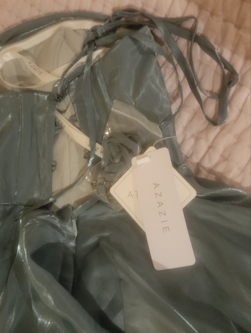 Azazie Shimmery Teal Lace-up back dress - Picture 3 of 5